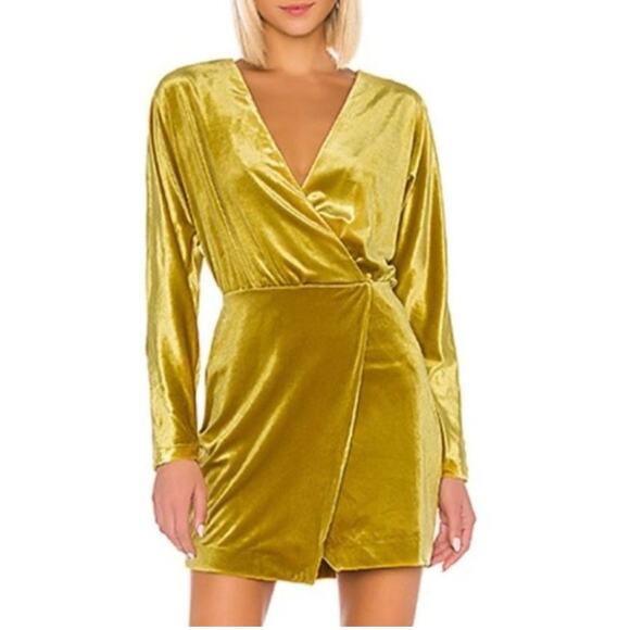 LPA Celeste Velvet Mini Dress Size S Faux Wrap Long Sleeve V-Neck Gold Party - Picture 14 of 15